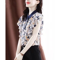 vintage printed bow chiffon short sleeven shirt oversized loose elegant womens clothing summer sweet petal sleeve blouse