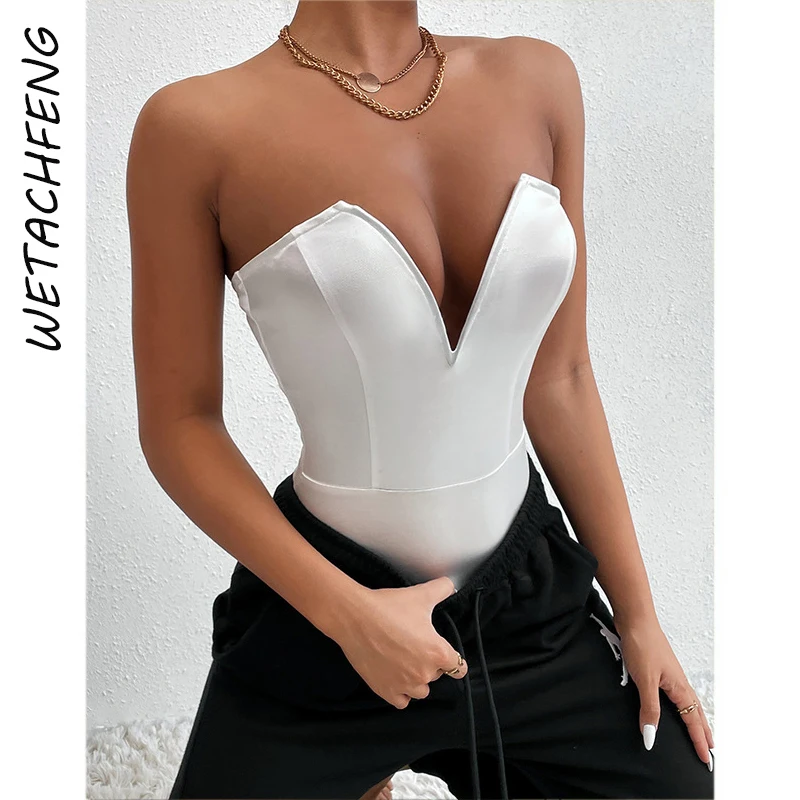 

Sexy White Bodysuits Strapless V Neck Backless Rompers Tops Slim Skinny One Piece Overalls For Women Short Jumpsuits Clothes