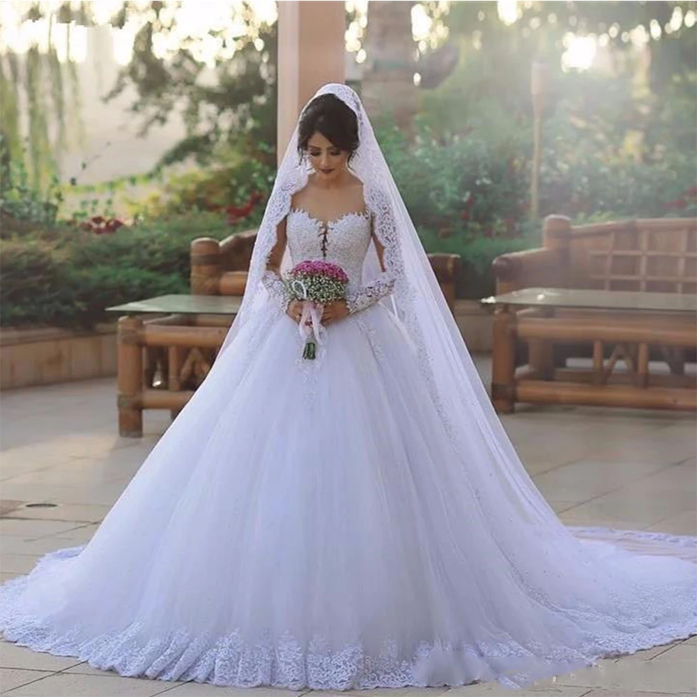 

Luxury Dubai Arabic Wedding Dresses Lace Long Sleeves Sheer Neck Applique Court Train Wedding Bridal Gowns Vestidos De Novia