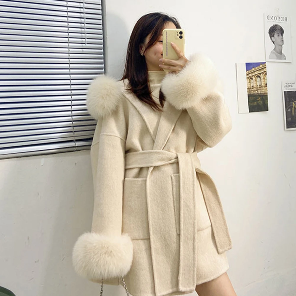 Women Real Fur Coat Cashmere Wool Blends Winter Woolen Coat Natural Fox Fur Collar Hood Jacket Fashion Outerwear Belt Oversize