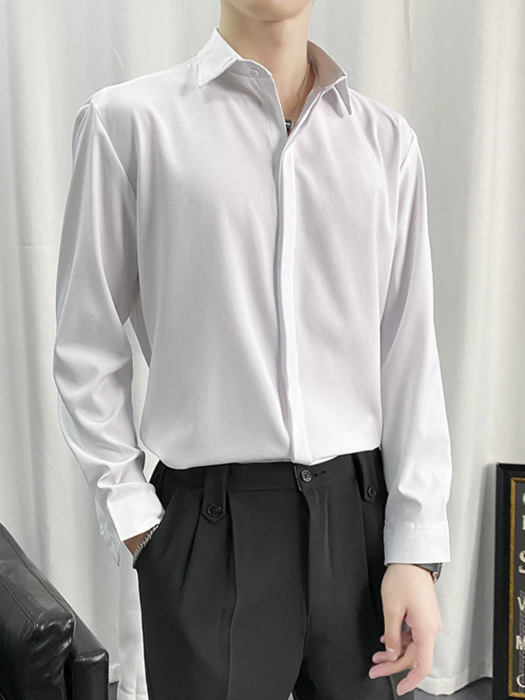 

New In 2023 Spring Men Clothing Korean Fashion Long Sleeve Business Casual Shirt Pure Color Lapel Tops Oversize Formal Shirts