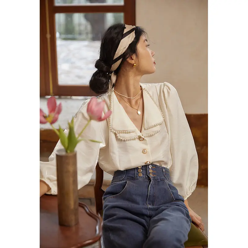 F GIRLS  Vintage Pearl Beading Shirts Women Patchwork Peter Pan Collar Loose Puff Long Sleeve Korean Tops Sweet Elegant Blusas enlarge