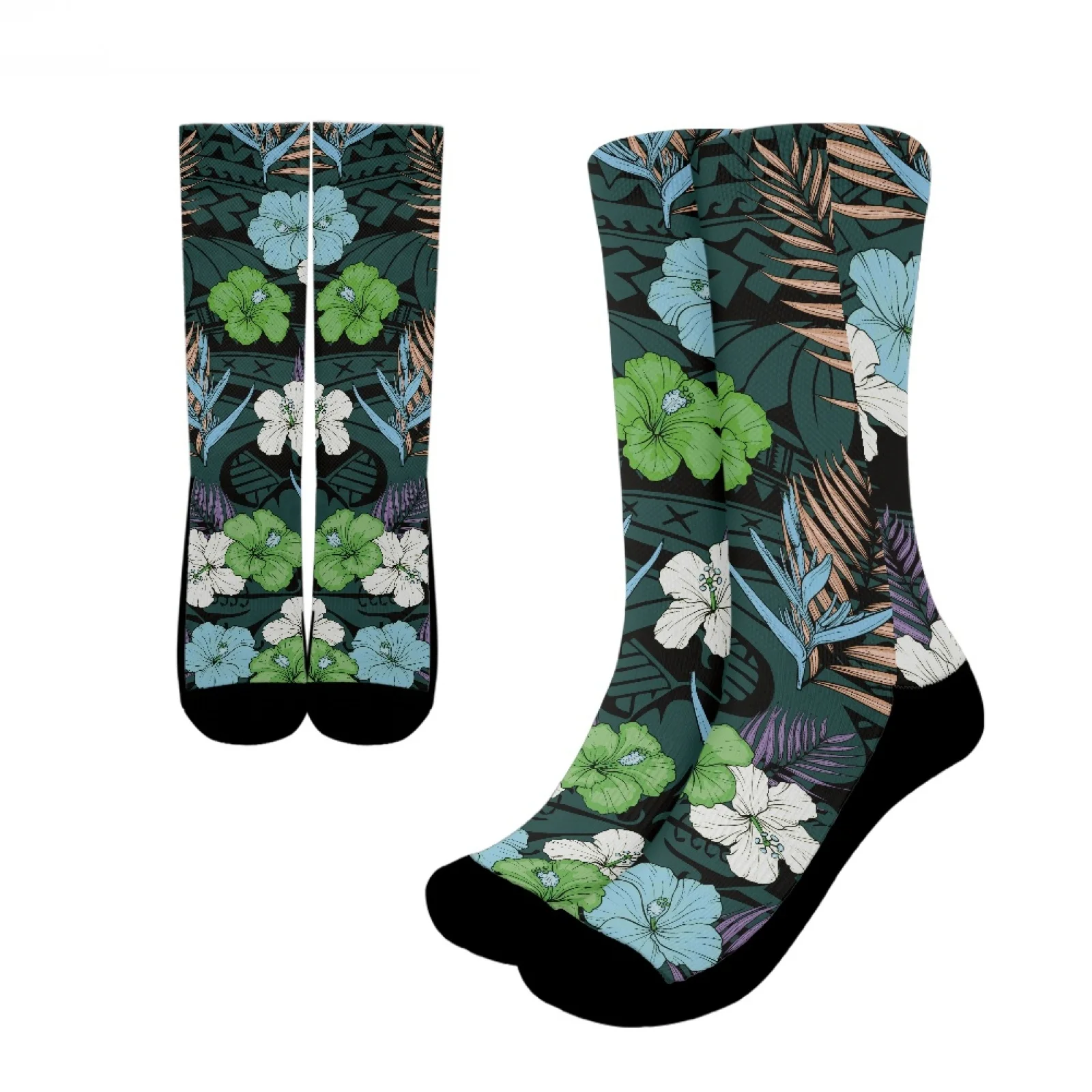 

Polynesian Tribal Samoan Totem Tattoo Samoa Prints Skin-Friendly And Breathable Hibiscus Sports Sock Fit Give Elder Holiday Gift