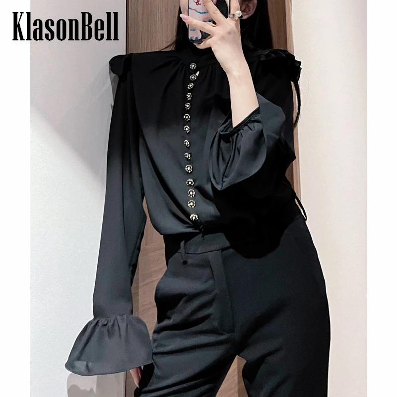 

4.16 KlasonBell Women Temperament Pearls Single Breasted Flared Sleeve Ruffle Stand Collar Lace-Up Shirt Blouse