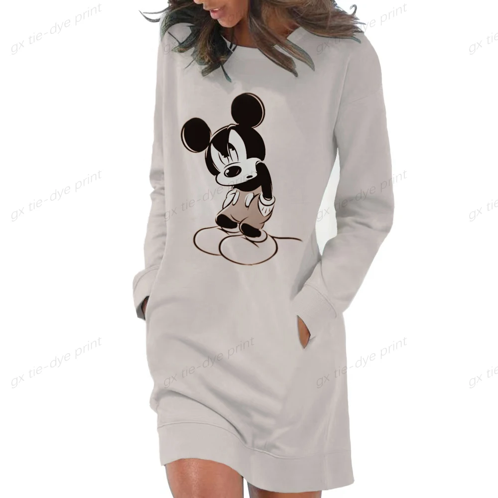 

Disney Minnie Mickey Print Women's Long Sleeve Casual Slim Mini Length Pullover Sweatshirt Hoodie Dress with Pocket