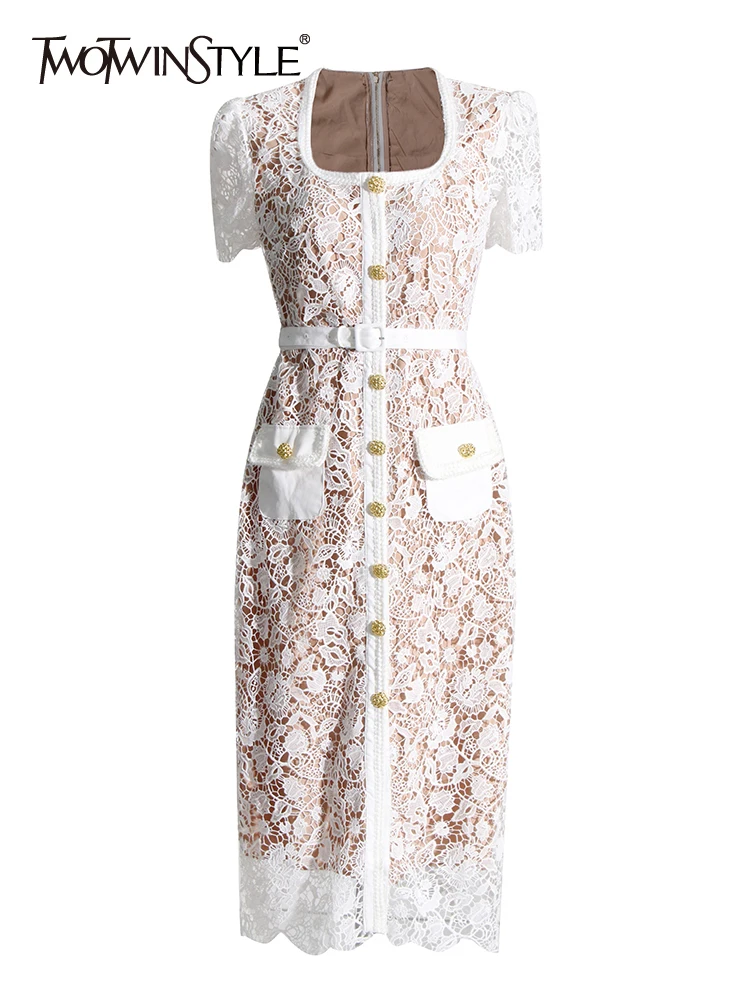 

TWOTWINSTYLE Solid Spliced Lace Dresses For Women Square Collar Short Sleeves High Waist Patchwork Pockets Dress Female Fashion