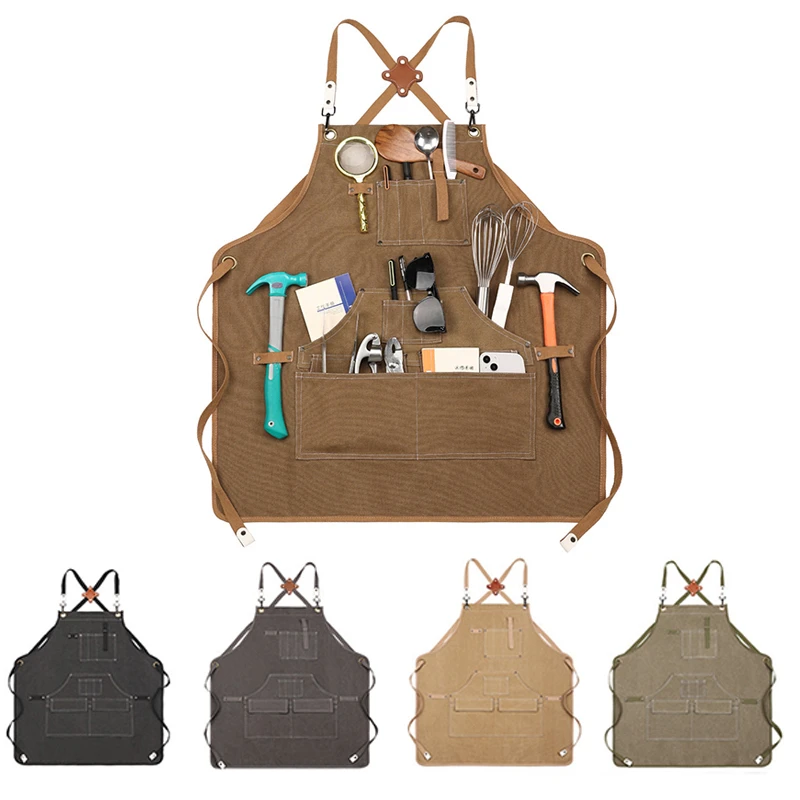 

New Durable Goods Heavy Duty Unisex Canvas Work Apron with Tool Pockets Cross-Back Straps Adjustable for Woodworking Painting