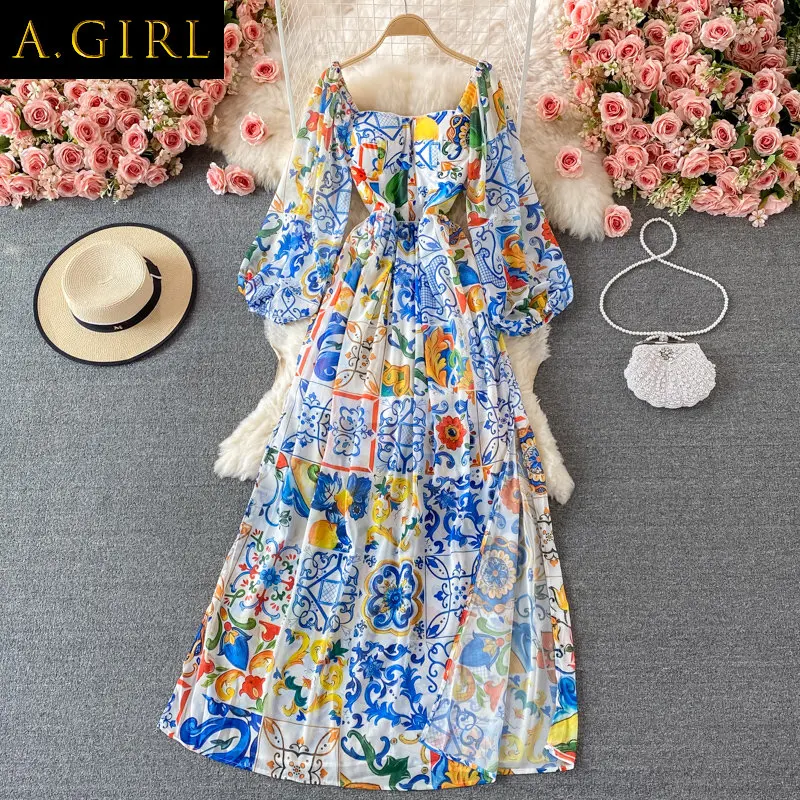 

A GIRLS Banulin 2021 Fashion Boho Maxi Dress, женское длинное платье с длинными рукавами-фонариками, сине-белым фарфоровым цветочным принтом