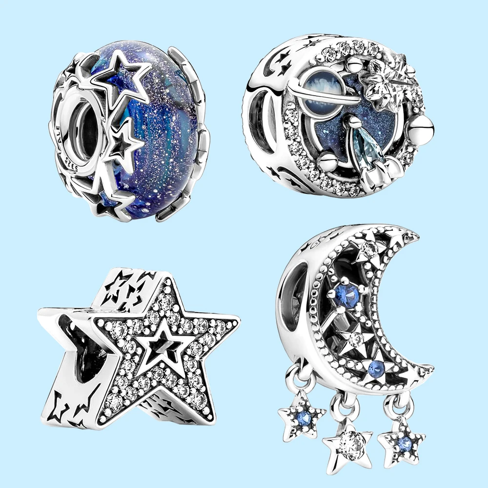 Pandora 925 Silver Galaxy Blue and Star Murano Charm, Star and Crescent Moon Charm for Women, Birthday Gift Bracelet, DIY Jewelry Executive