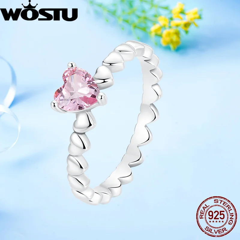 

WOSTU Настоящее серебро 925 пробы, сияющее романтическое розовое сердце, циркон, кольца для женщин, женское свадебное кольцо на палец, ювелирное изделие, подарок
