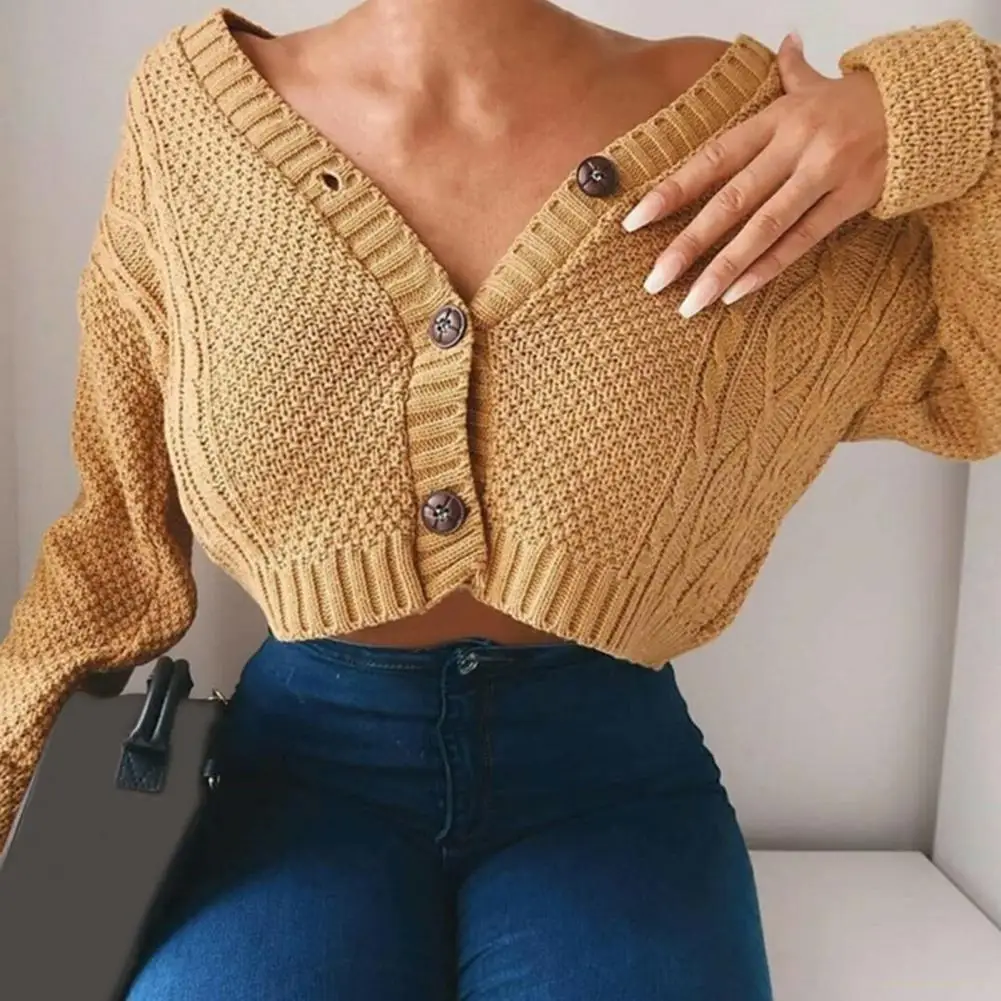 

V-Neck Long Sleeve Twist Ribbed Edge Short Type Women Sweater Autumn Winter Solid Color Buttons Placket Knitted Coat Outerwear