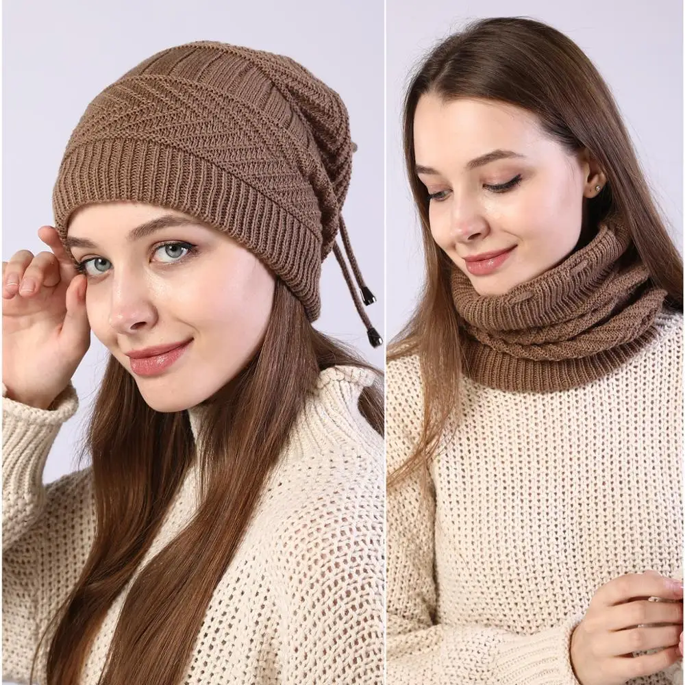 

fashion women stretchy knitted Skullies Beanies Hat solid snood scarf warm Beanie For womem Autumn winter Female Beanie cap