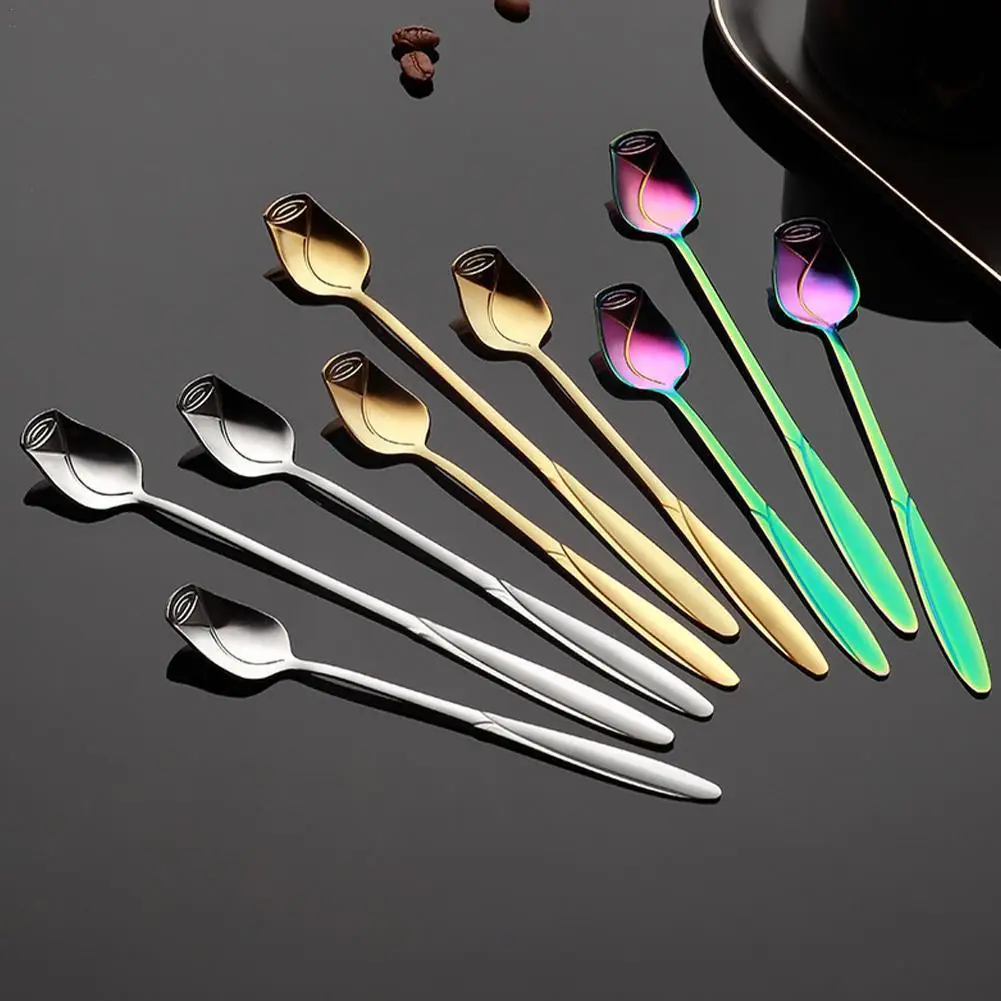 High-value Rose Spoon Long Handle Golden Spoon Cute Mixing Salad Coffee Dessert Spoons Tableware Honey Spoon Drink Teaspoon N5B2
