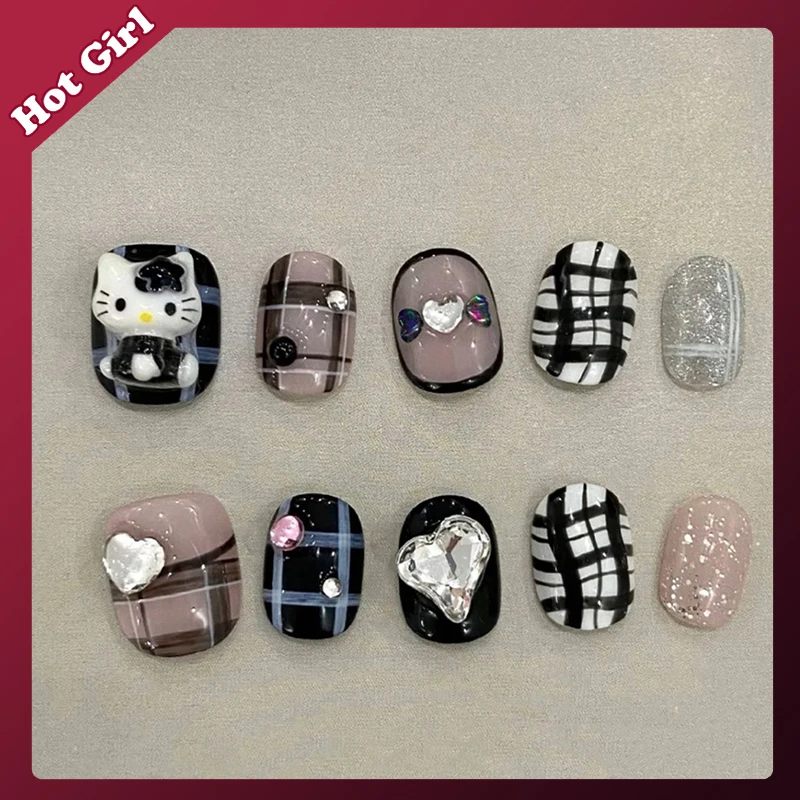 

Sanrio Hello Kitty Handmade Nail Patch Y2K Kawaii Checkered Pattern Cartoon Dark Wind Students Hot Girls Love Nail Accessories