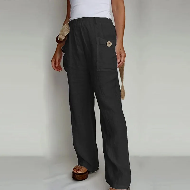 

Casual Women Solid Cotton Linen Pants Elegant Office Mid Waist Slim Long Pants 2022 Autumn Button-up Pockets Trousers Streetwear