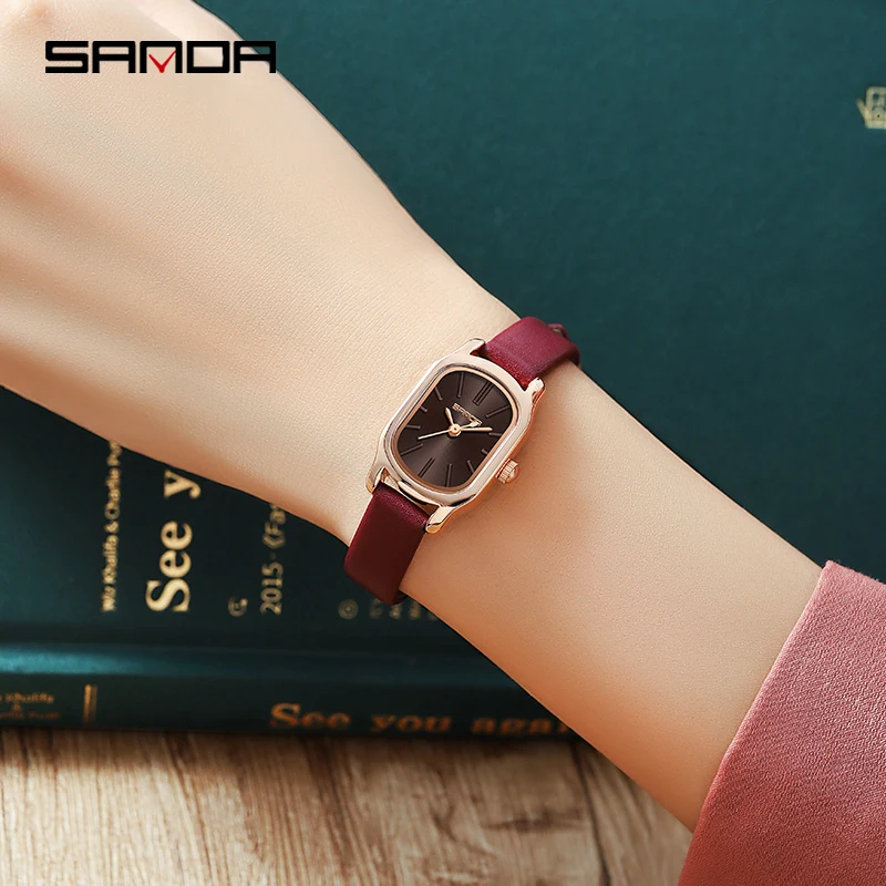 SANDA Genuine Watch New Womens Quartz Watch Casual Fashion Rose Gold Case Womens Watches Maroon Leather Strap Waterproof P1104 enlarge