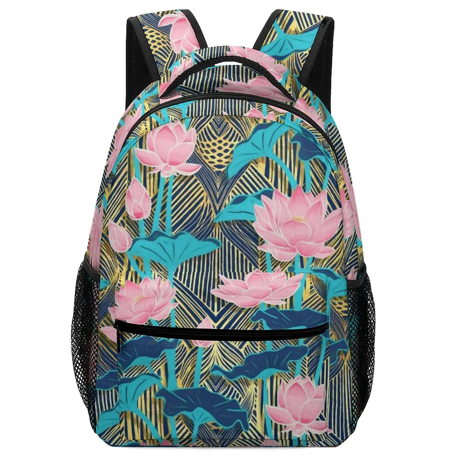 New Art Art Deco Lotus Flowers in Pink & Navy Backpack For Kids Girl for Children Kids Women School Bags Set Middle School B