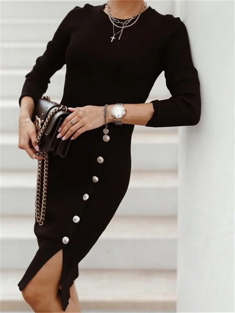 

Женское трикотажное платье-футляр на пуговицах, черное облегающее трикотажное мини-платье в рубчик, Осень-зима 2022