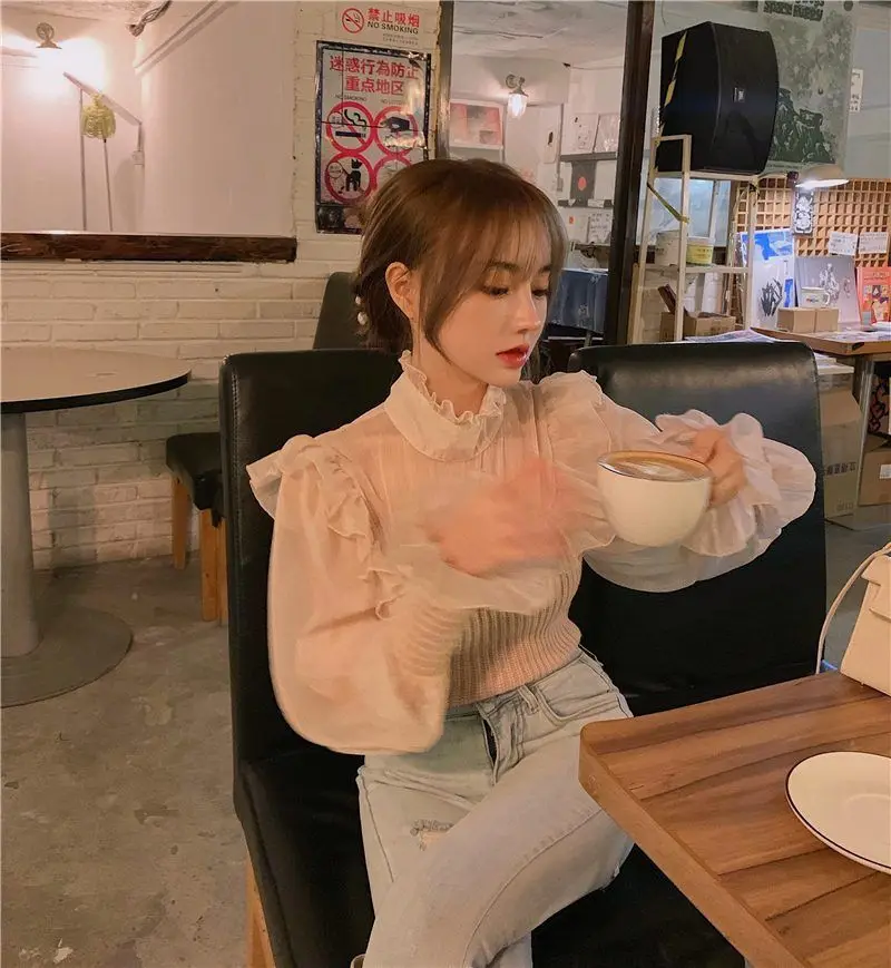 

Women Sweater Spring/Summer Sweet Temperament Female Mesh Stitching Frill Design Solid Color Pullovers Mock Neck Flare Sleeve
