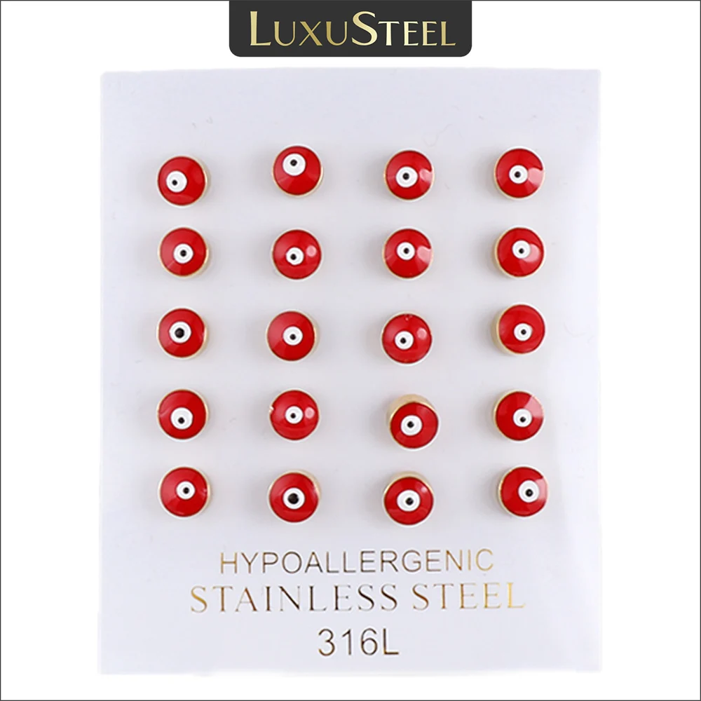 

LUXUSTEEL Wholesale 10Pairs Red Evil Eyes Stud Earrings for Women Hypoallergenic 316L Stainless Steel Enamel Round Turkish Eye