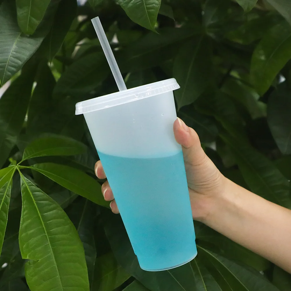 

Cold-colored Temperature-sensitive Transparent 710ml Single-layer Coffee Straw Cup Plastic Color Changing Cup Water Bottle