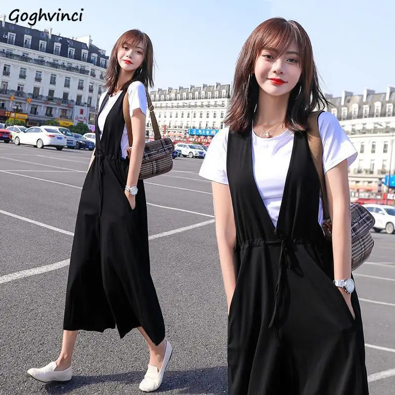 

Women Jumpsuits Black Ankle Length Straw String Wide-leg Loose Straight Female Casual All-match Summer Solid M-4XL Overalls Lady