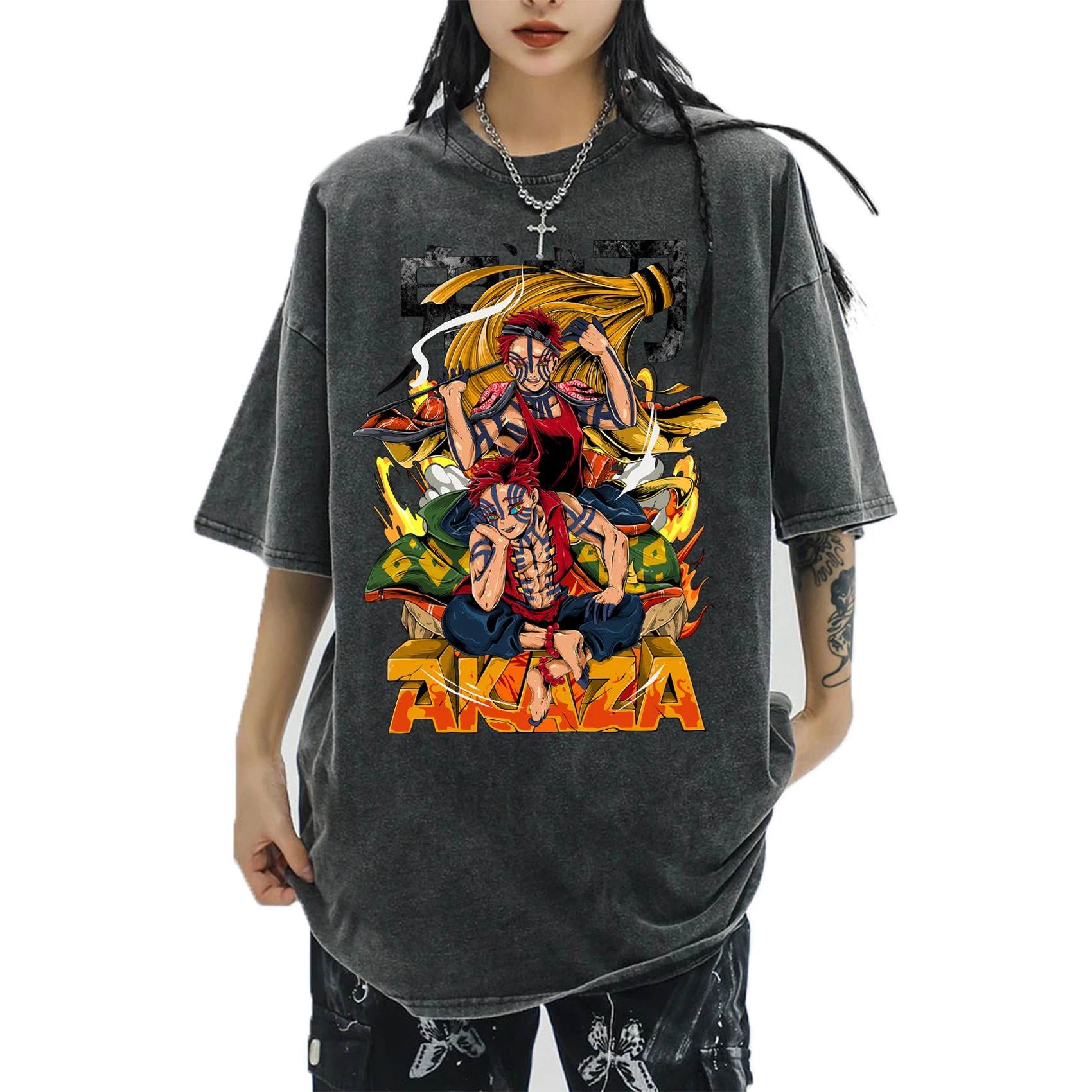

Akaza Washed Shirts Demon Slayer Anime Washed Shirt Gift for Demon Slayer Fan Harajuku O-Neck Cotton Vintage T-Shirts Unisex
