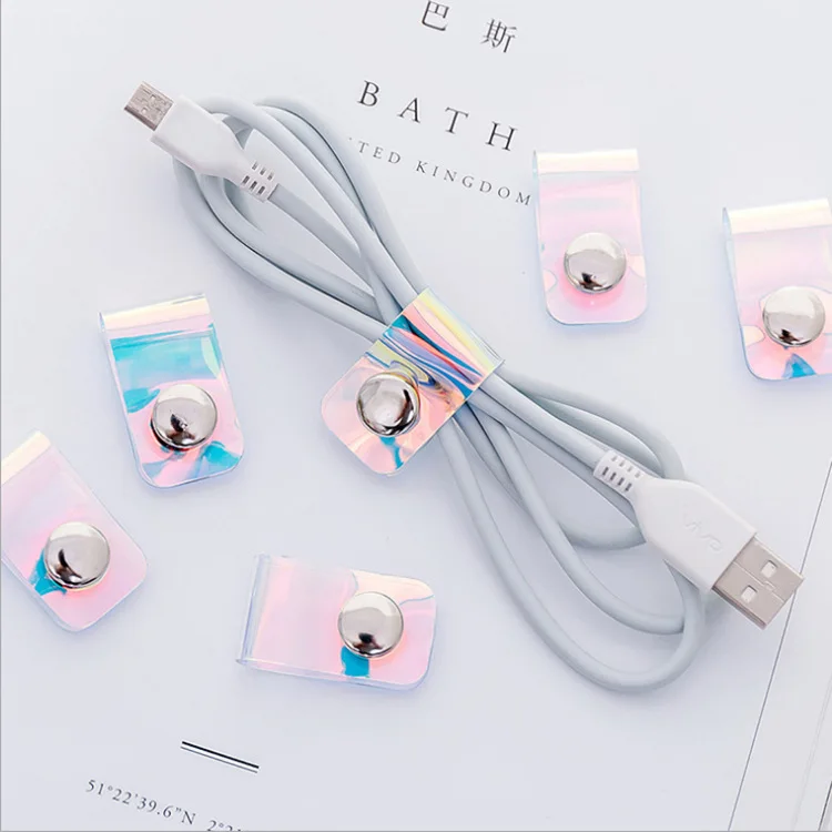 

3-12pcs Laser Portable Data Cable Storage Buckle Personality Cable Tie Button Finishing Set Buckle Headphone Winder Color Film