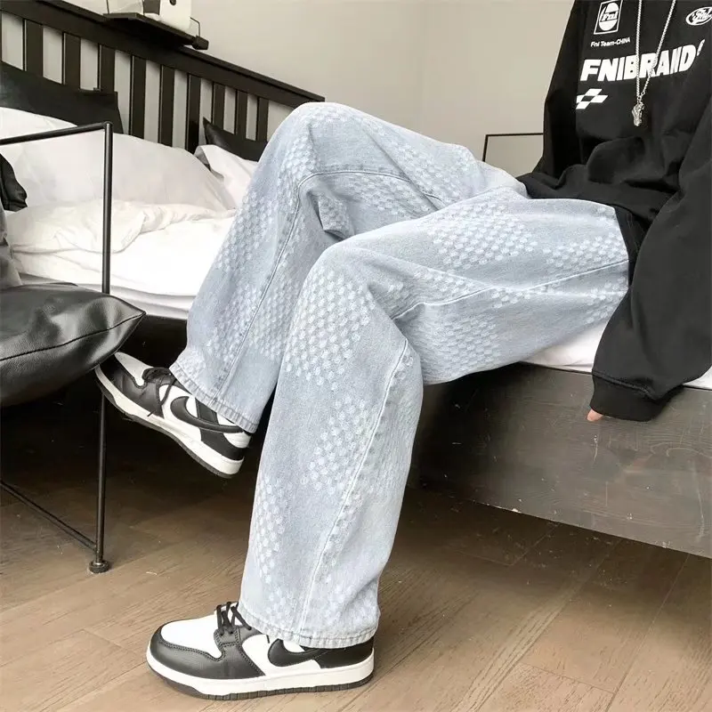 Mens Printed Jeans 2023 New Light Blue Straight Lift Pattern Loose High Street Casual Boyfriend Pants