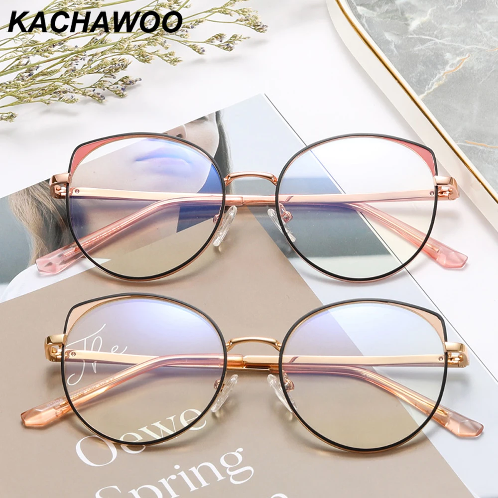 

Kachawoo round anti blue light glasses frame for women metal optical eyeglasses cat eye female blue white beige birthday gifts