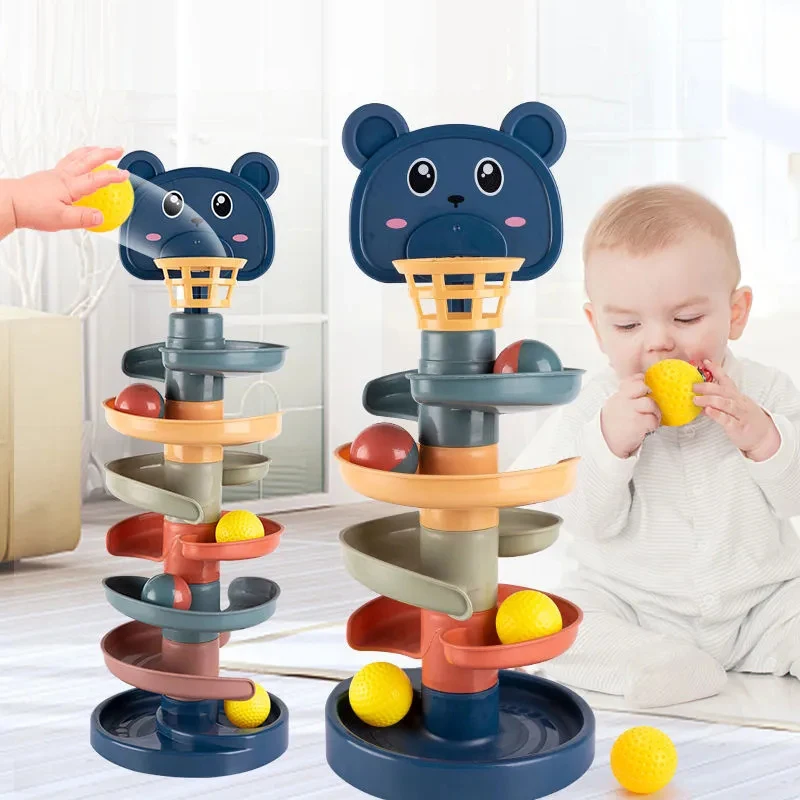 Baby Toys Rolling Ball Pile Tower Educational Toy for Children Rotating Track Stacking Montessori Toy for 1-3 Year Old Baby Game