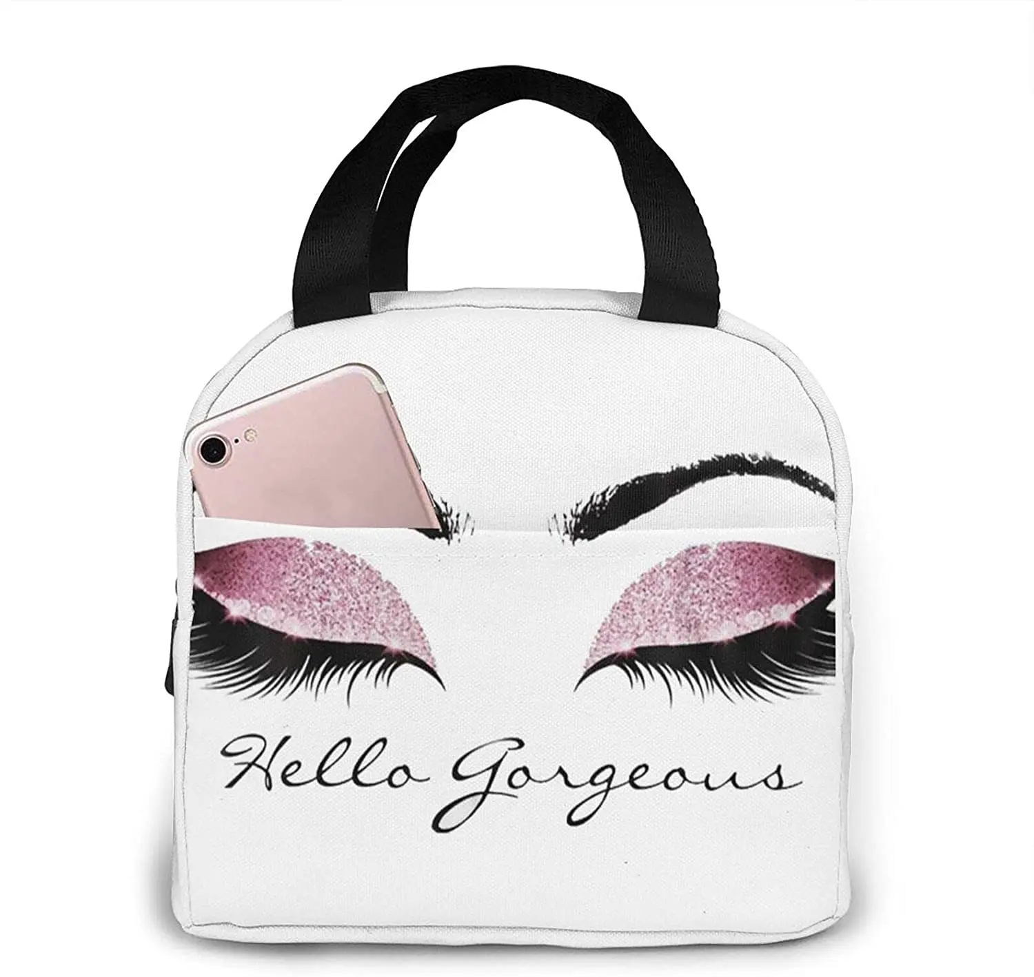 

Hi Gorgeous Eyelash Insulated Lunch Box Reusable Cooler Tote Bag Waterproof Lunch Holder Gift for Women & Men Work Picnic Travel