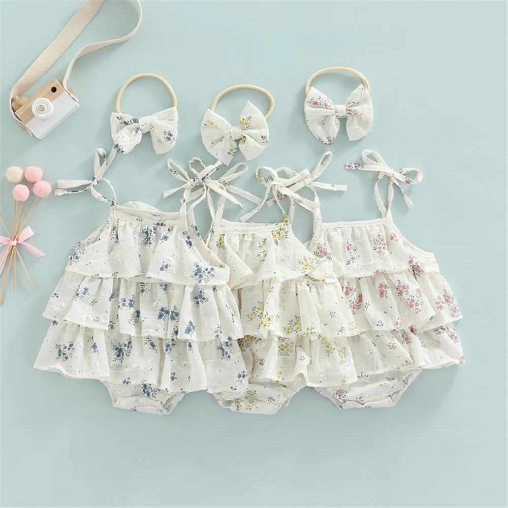 

Baby Girls Floral Print Romper Sleeveless Layered Bodysuits with Headband 0-24M Newborn Infant Toddler Summer Casual Outfits