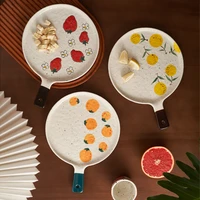 cute fruit pattern baking pan with handle pizza tray barbecue dinner round ceramic assiette tableware steak plate kitchen tools