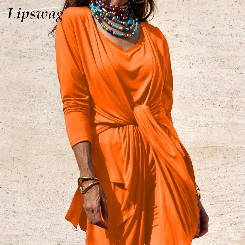 

Elegant Autumn Irregular T shirt Suit Office Lady Fashion Solid 2 Piece Set Casual Long Sleeve Tie-up Tops + Women Pants Outfits