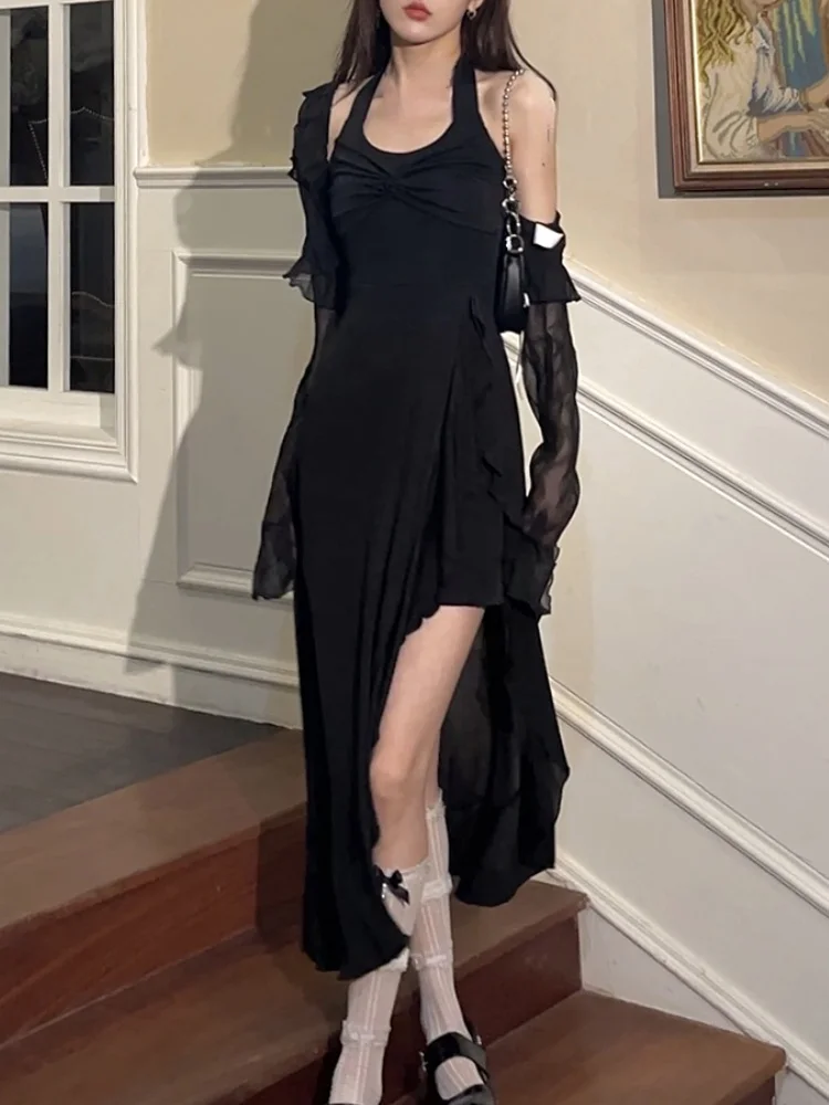 

Комплект из 2 предметов, короткий топ Woan + винтажное черное платье idi, однотонное короткое платье, мода 2023 года