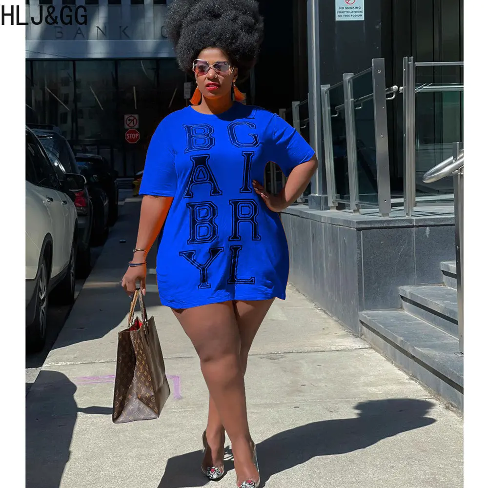 HLJ&GG Fashion Letter Printing Mini Tshirt Dresses Women O Neck Short Sleeve Loose Vestidos Plus Size Female Streetwear Clothing