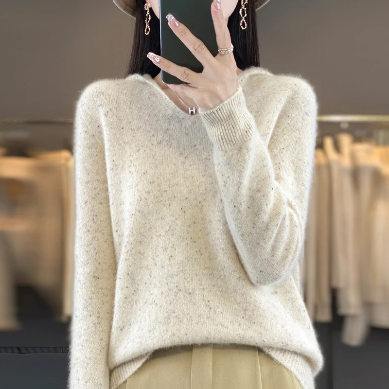 Новинка Осень-зима 100% Женская одежда из мериносовой шерсти пуловер с капюшоном