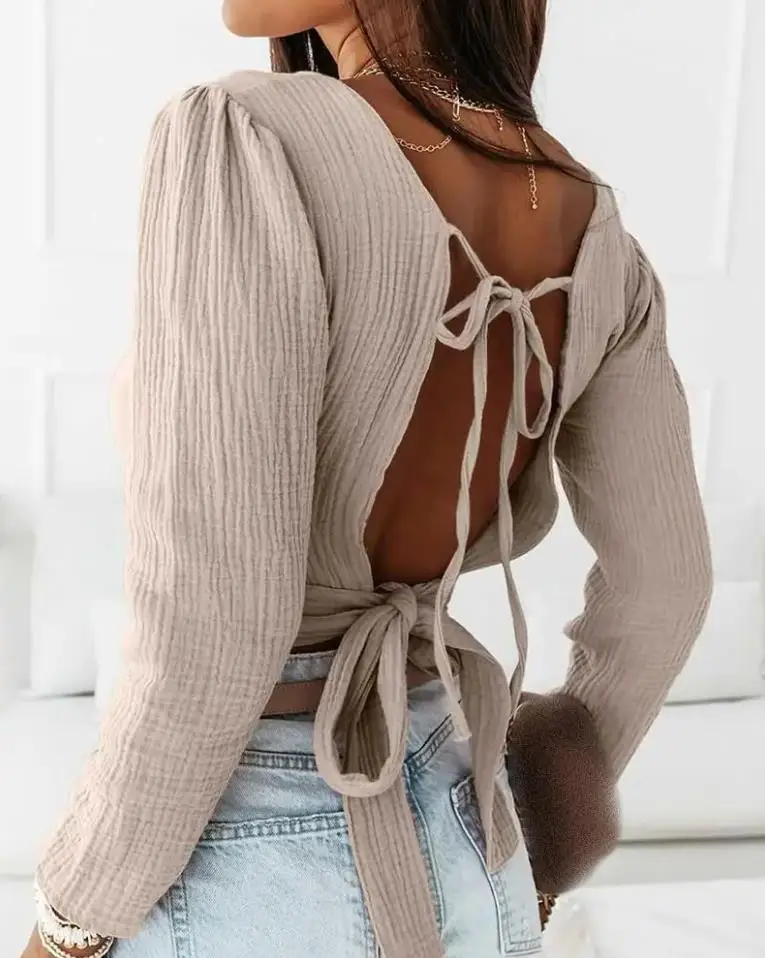 

Female Clothing Long Sleeve Tied Sexy Backless Top Solid Elegant O-Neck Blouse Fashion Temperament All-Match Shirt Streetwear