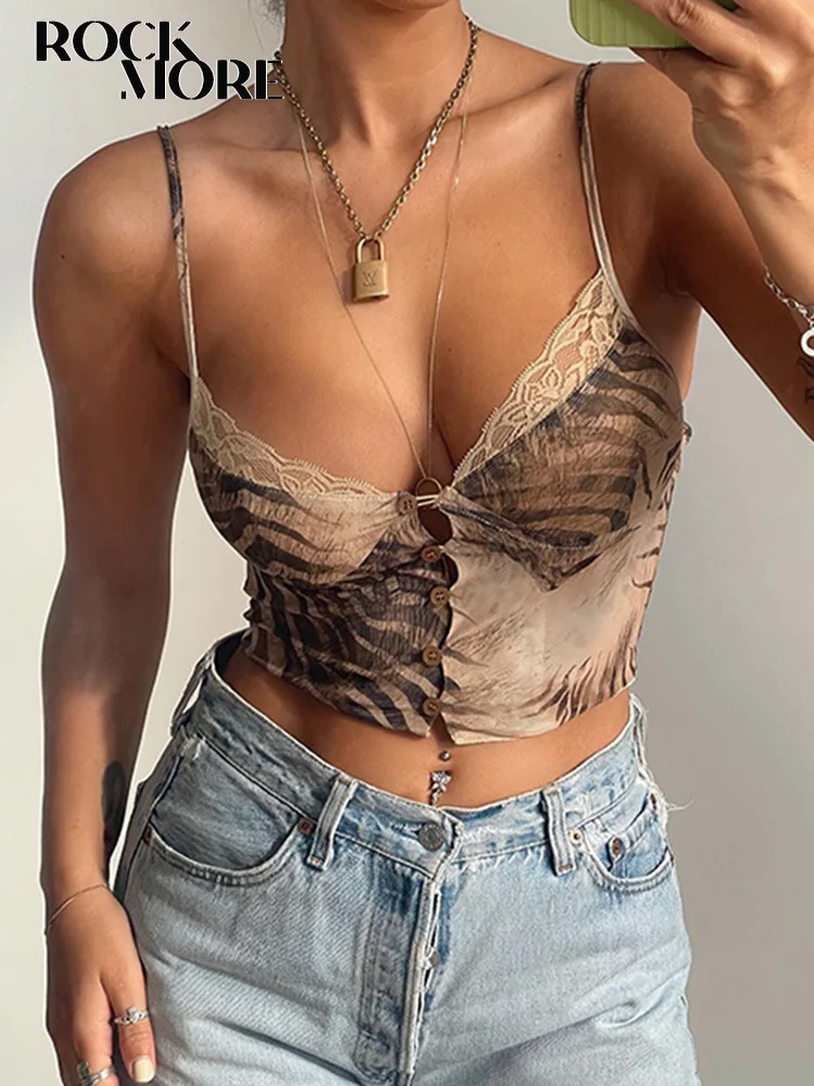 

Rockmore Vintage Lace Frill Crop Camis Y2K Aesthetic Corset Top Backless Sexy Button Up Skinny Tank Tops Summer Women Clubwear