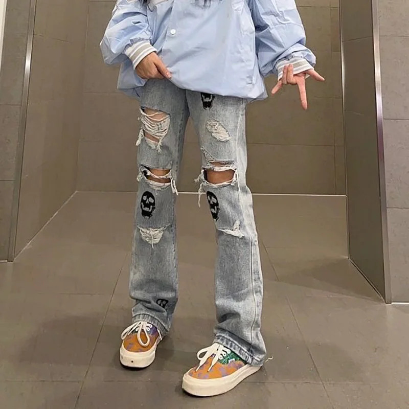 

Women Casual Ripped Fishtail Jeans Korean Style Version Women's Trousers Y2k High Waist Fashion Trend Loose Wide-leg Pants