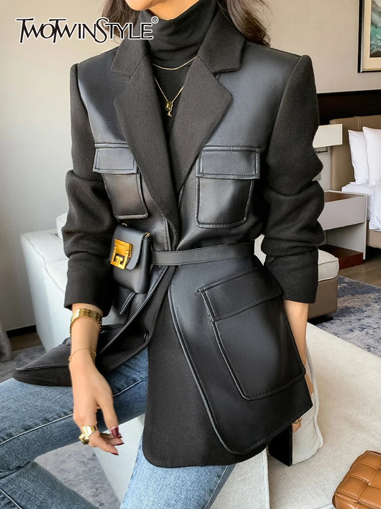 

TWOTWINSTYLE Women's Coat 2022 Autumn New PU Leather Patchwork Turn-down Collar Temperament Pocket Single Breasted 2022 Clothing