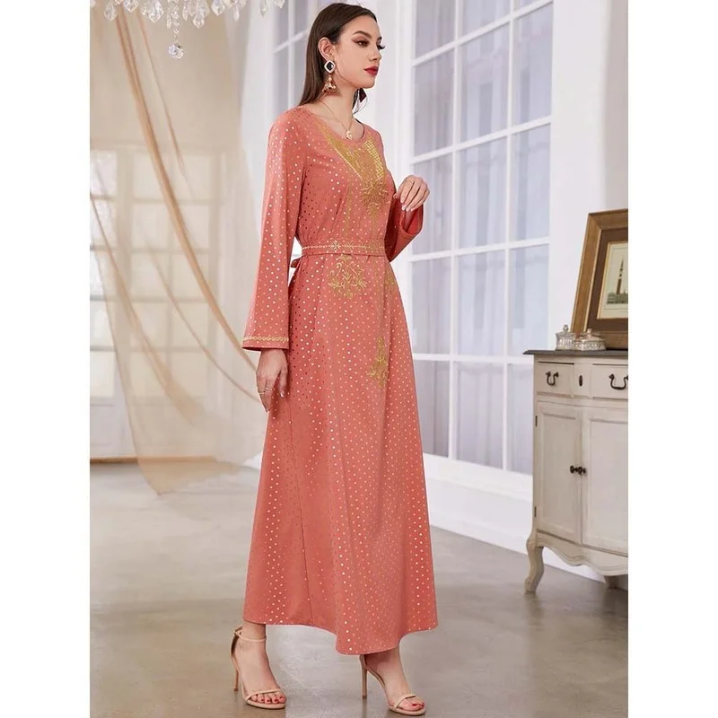 2022 New Arabian Robe Long Sleeves Orange Dot Foil Print Embroidery Lace Up Maxi Dress Middle East Satin Kaftan Jellaba Moroccan