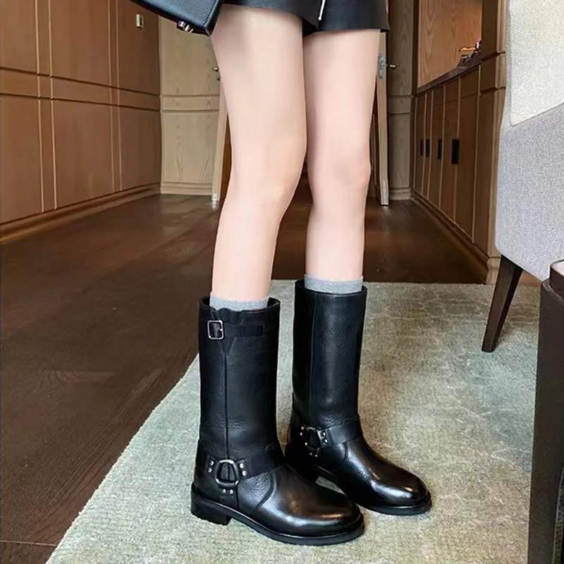 

Black Long Boots 2023 Autumn and Winter New Women Genuine Leather Retro Belt Buckle Thick Bottom Cool Knight Boots