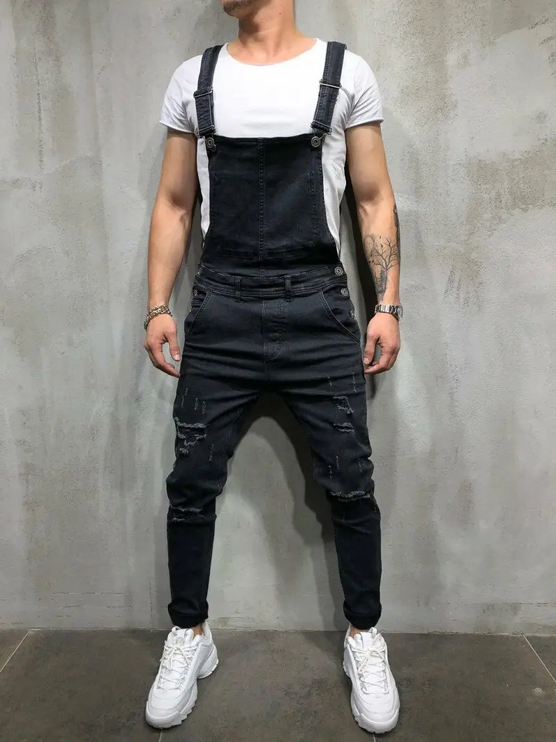 

2022 Fashion Men's Distressed Denim Carpenter Overalls Bib Jumpsuits Moto Biker Jean Pants Men's Suspender Trousers