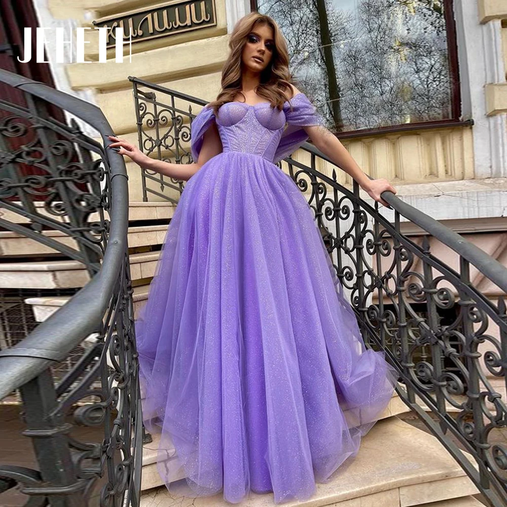 

Glitter Violet Off The Shoulder Sweetheart-Neck Prom Dresses High Slit A-Line Party Evening Gowns Robe De Soirée Custom Made
