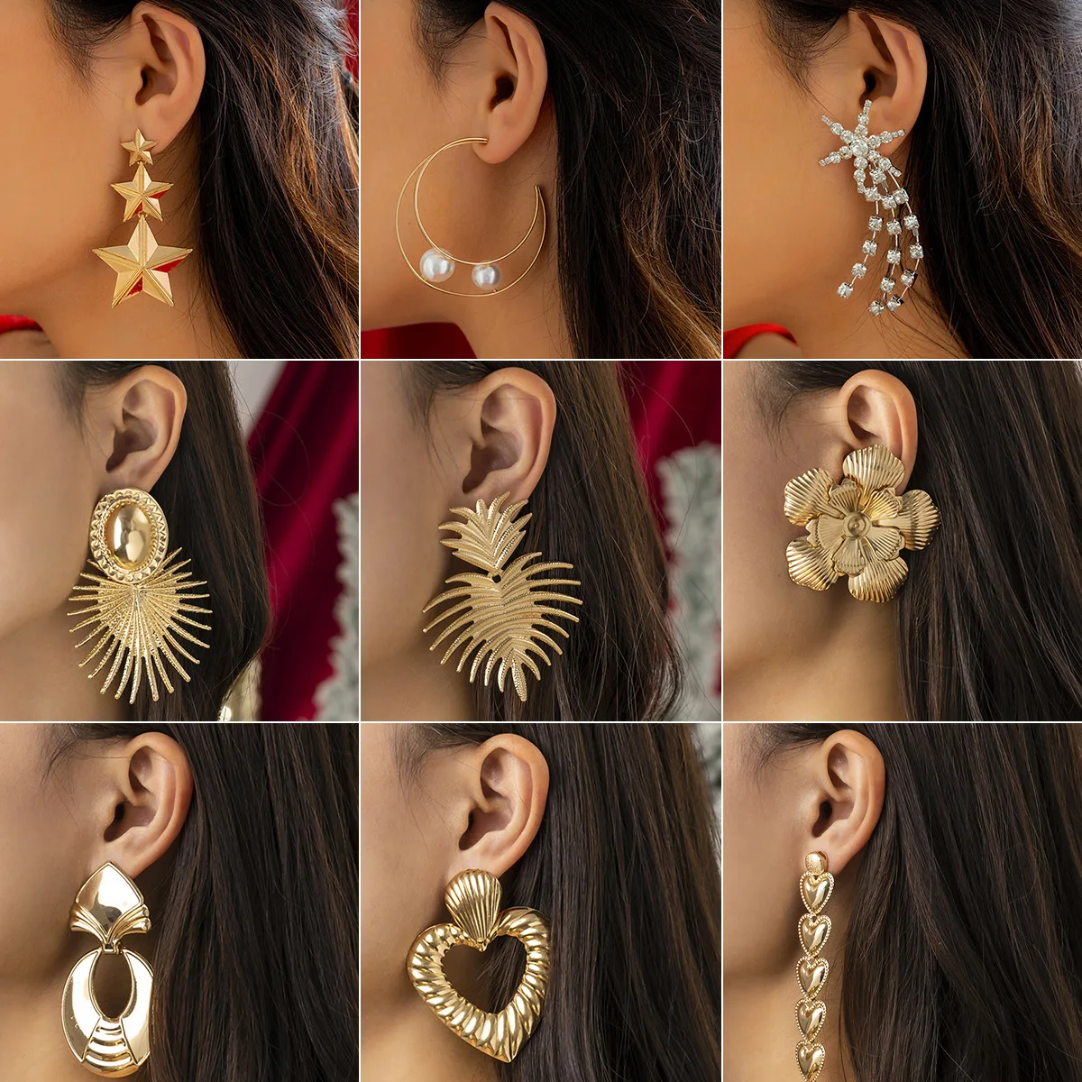 

Europe and The United States Exaggerated Stars Flower Earrings for Women Christmas Snowflake Rhinester Love Ear Stud