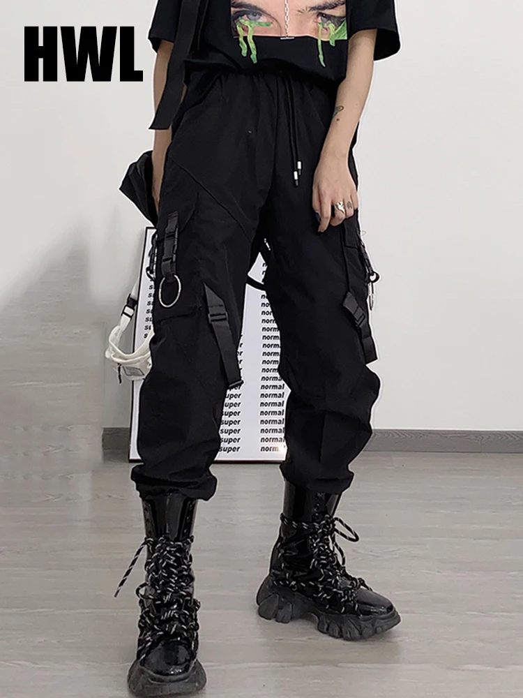 

Women's Black Summer Autumn Streetwear Cargo Pants High-waisted Ribbon Straight-leg Trousers Long hip-hop ins Pants
