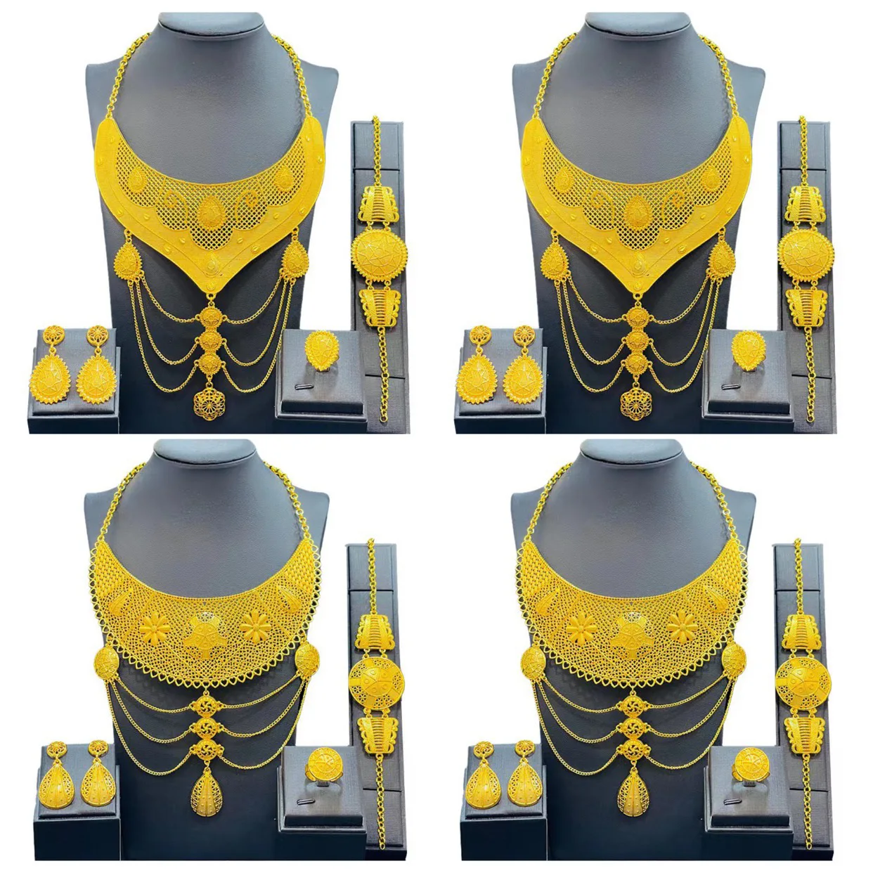 

24K Dubai Trendy Flower Round Necklace Sets Gold Color African Jewelry Sets for Women Wedding Party Bridal Luxury Quality Gift
