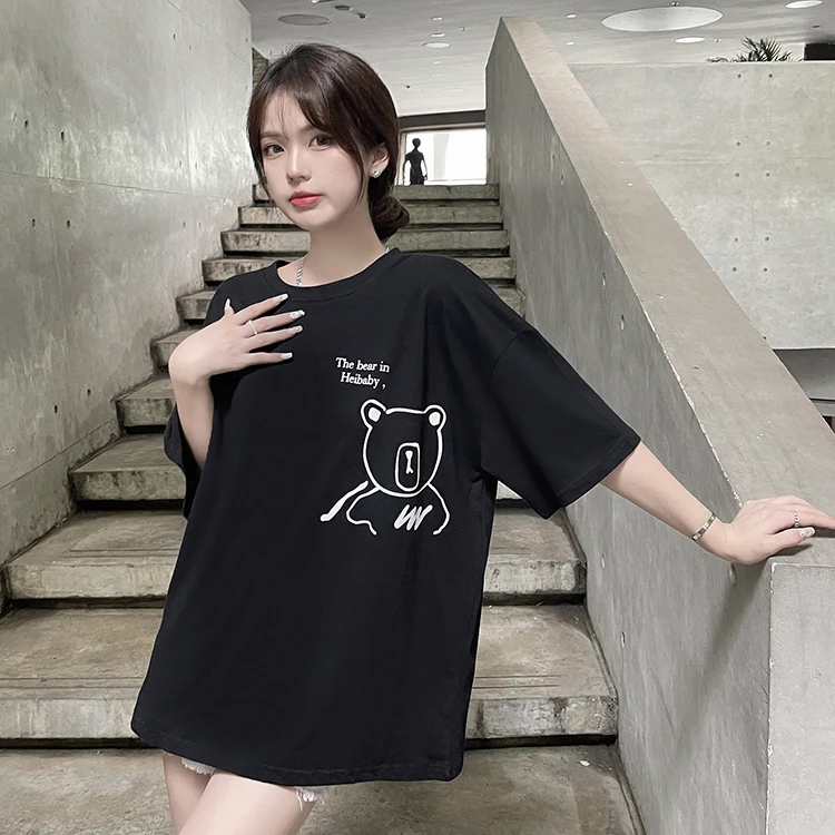 

7846 Women's summer 2022 new wild cotton fun cartoon bear print round neck short-sleeved T-shirt women